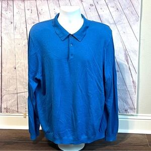Paul Fredrick Blue Polo Long Sleeve Sweater Shirt Cashmere Silk Size 2XL